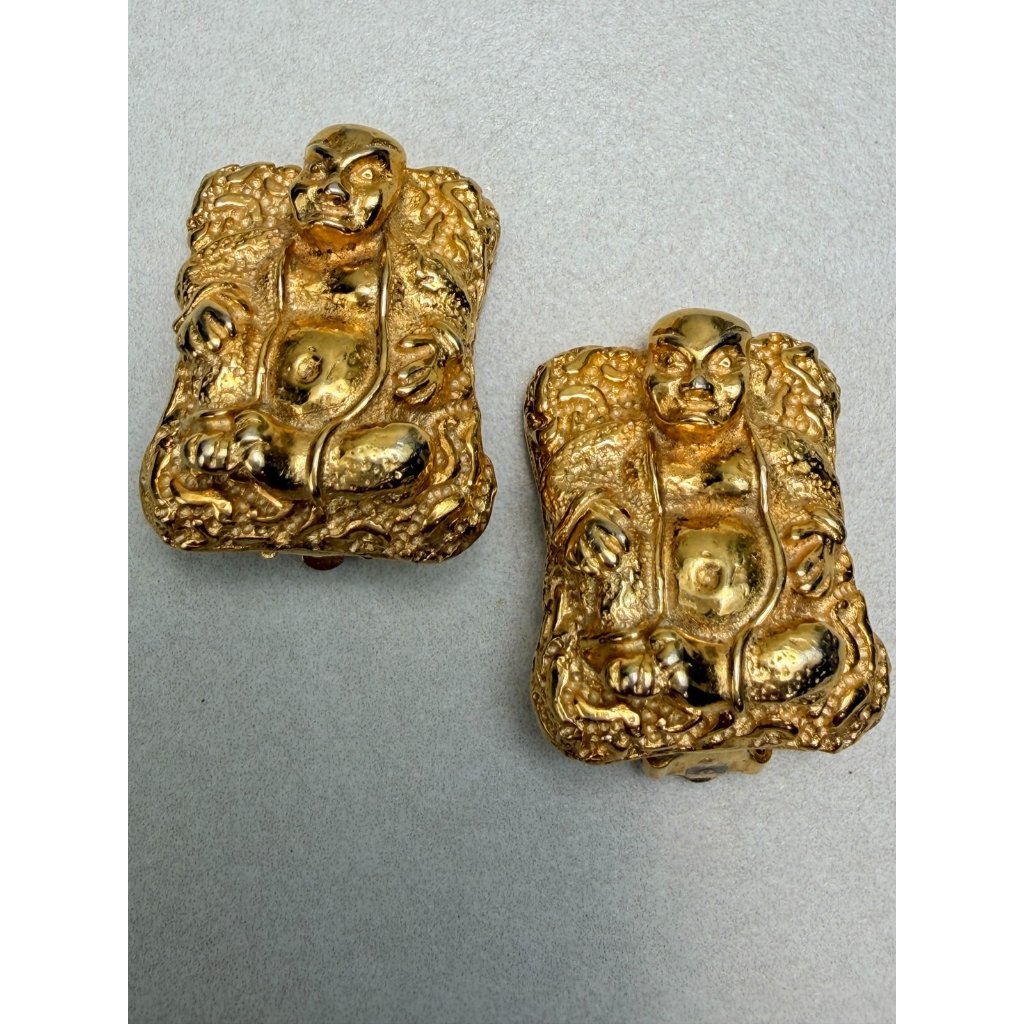 Lucien Piccard Rare Buddha Clip On Earrings Gold Tone Statement Vintage Designer